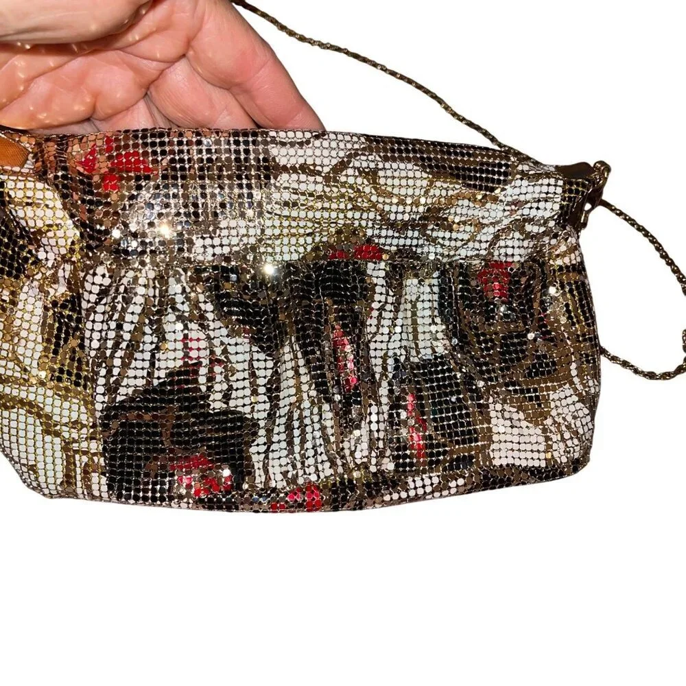 Vintage Womens Clutch Bag Multicolor Chain Mesh Rose Pattern Convertible